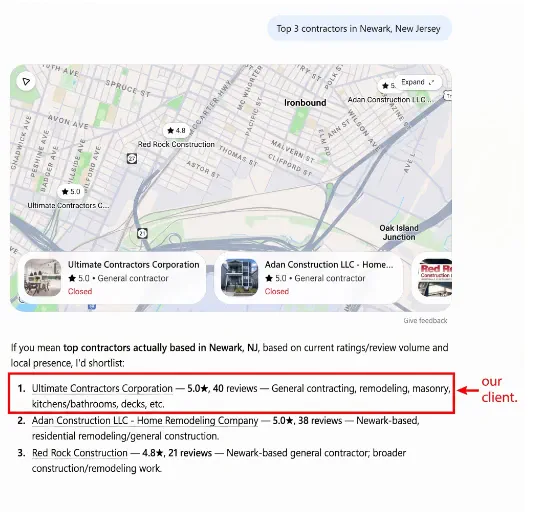 An AI assistant asked for the top 3 contractors in Newark, New Jersey. The first business it lists is Ultimate Contractors Corporation.